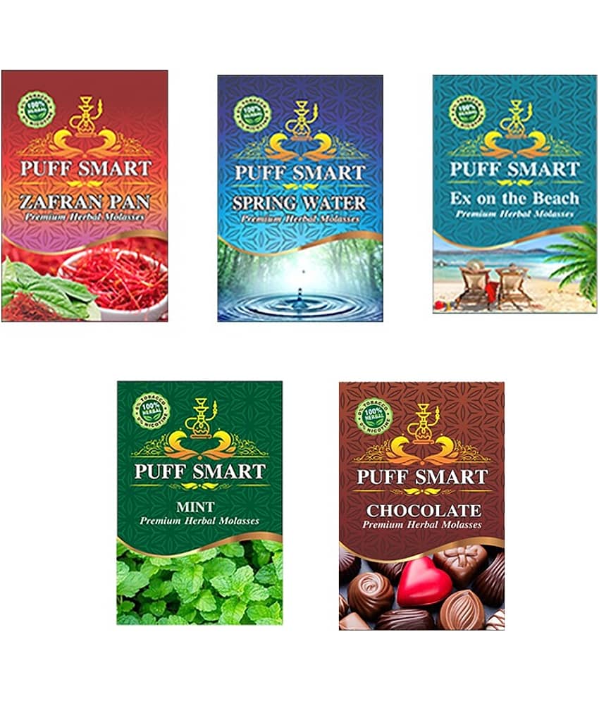 Puff Smart Premium Herbal Hookah Flavour Pack of 5 (Zafran Pan, Spring Water, Ex on the Beach, Mint, Chocolate)