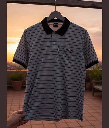 GET GOLF Men Cotton Blend Regular Fit Striped Polo T Shirt ( Grey )