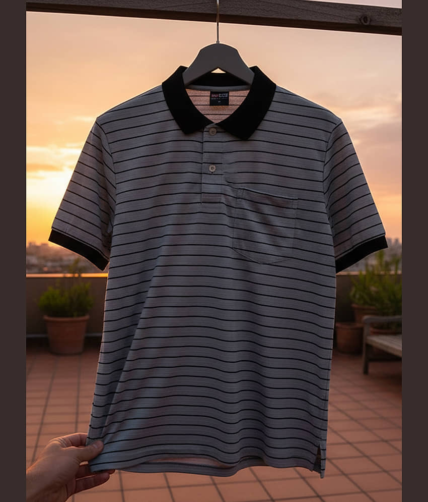 GET GOLF Men Cotton Blend Regular Fit Striped Polo T Shirt ( Grey )