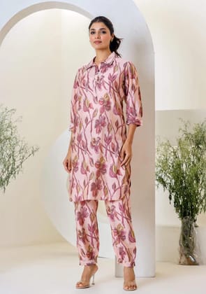 Light Pink Muslin Kurta With  Hem  Cuffed Pant Set-S