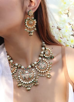 Sitwat Meenakari Kundan Necklace Set-Green