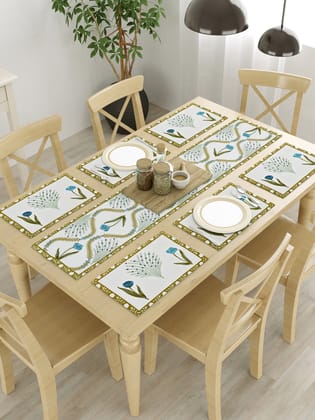 Handblock Printed Canvas Cotton Table Runner With Set Of 6 Mats-Cotton / Handblock / 6 Seater