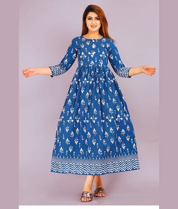EXPORTHOUSE Women Cotton Blend Printed Anarkali Kurti ( Light Blue )