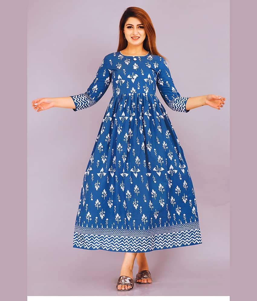EXPORTHOUSE Women Cotton Blend Printed Anarkali Kurti ( Light Blue )