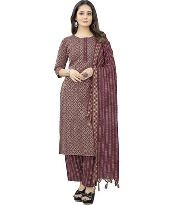 TRAHIMAM Cotton Blend Printed Kurti With Pants Women's Stitched Salwar Suit - Maroon ( Pack of 1 )