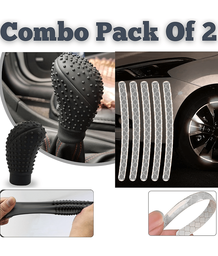 Aksmit Pack Of 2 Car Gear Knob Protector Silicone Gear Shifter Cover for Anti-Scratch Stylish- Hockey (Black) And White  Wheel Retro Car & Bike 20 Pcs Reflective Wheel Rim Stripe Stickers, Night Safety