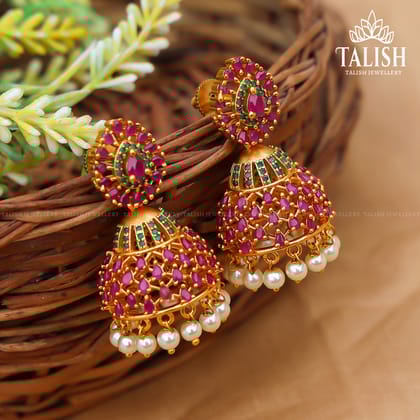 Elegant Ruby & Emerald Jhumka Earrings with Pearl Accents - Talish Jewellery