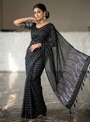 Generic Women's Georgette Striped Saree with Unstitched Blouse Piece, Soft Lightweight 5.5 m Sari for Daily, Office and Casual Wear (Black, Design 67594)
