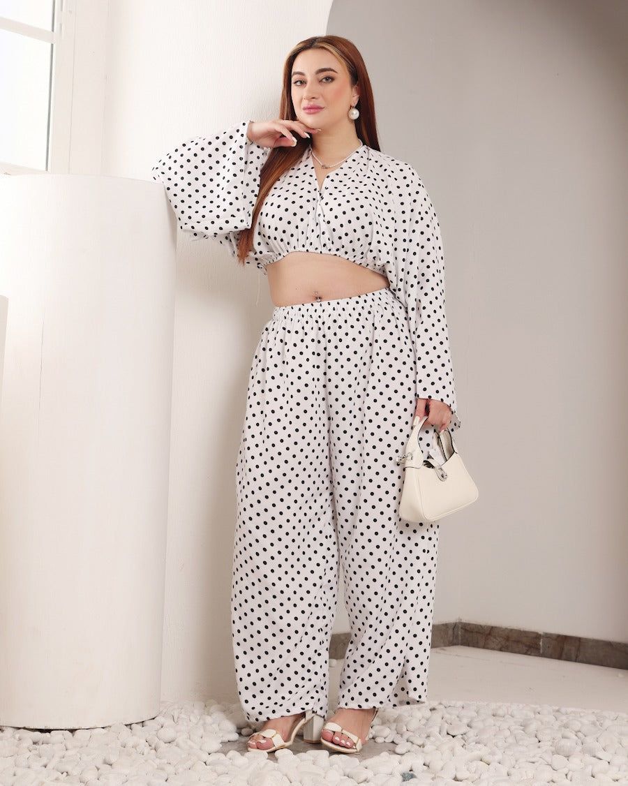White & Black Polka Dots Co-ord Set-L / L / White
