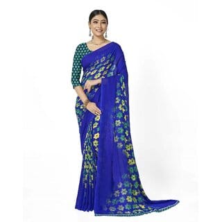 SVB Sarees Womens Blue Colour Floral Printed Georgette Saree With Blouse Piece