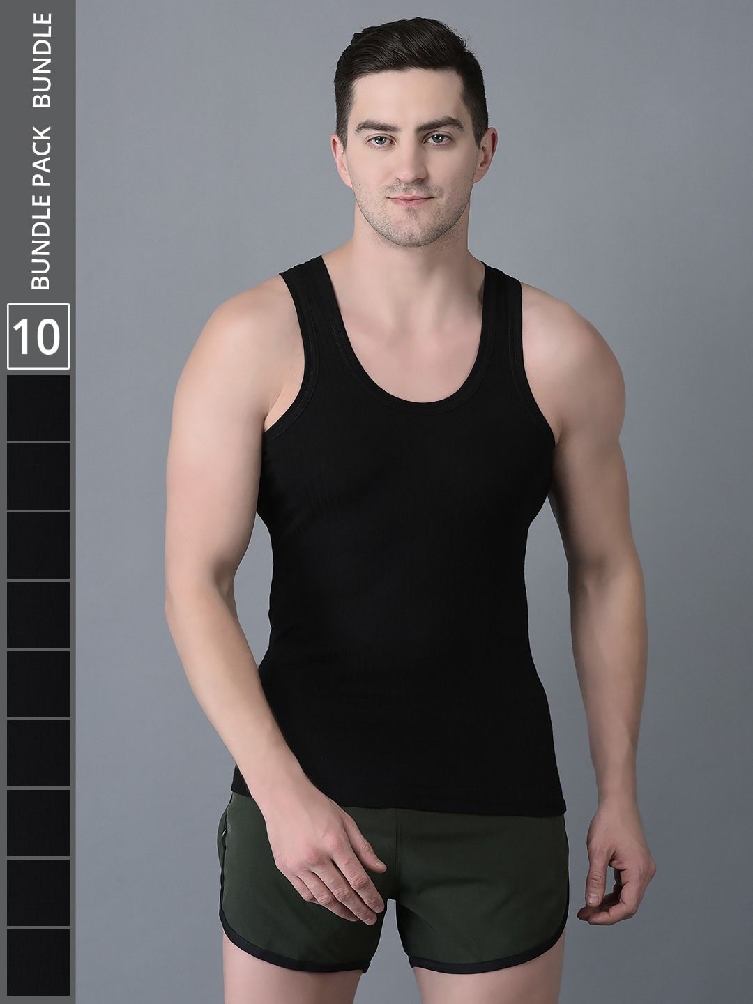 Men's Black Pack of 10 Solid Combed Cotton Vest
