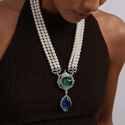 Aighar - Blue & Green Doublet Stone Pearl Long Necklace-Blue & Green