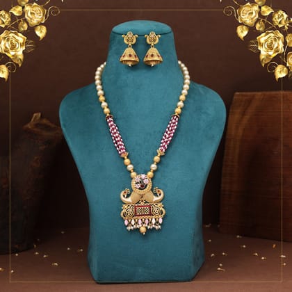 Rani Color Matte Gold Rajwadi Temple Necklace Set (TPLN702RNI)-Length: 42.00 CM x Width: 1.00 CM / Pink / Alloy With Good Quality Matte Gold Plated
