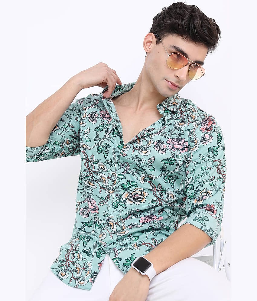 Highlander 100% Cotton Slim Fit Printed Full Sleeves Men's Casual Shirt - Green ( Pack of 1 )