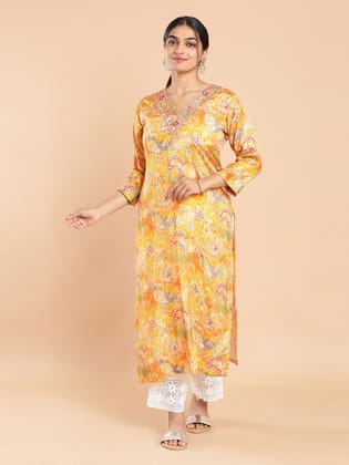 Kalyan Silks Multi Colored Floral Printed Yellow Color Kurti Top