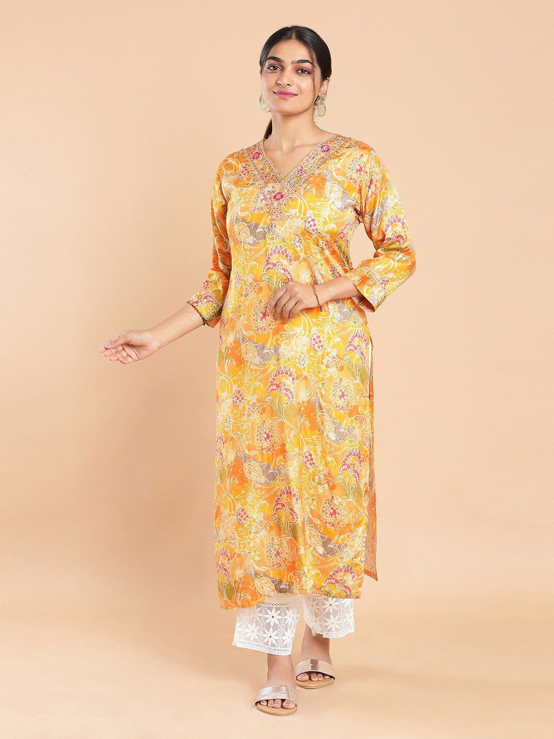 Kalyan Silks Multi Colored Floral Printed Yellow Color Kurti Top
