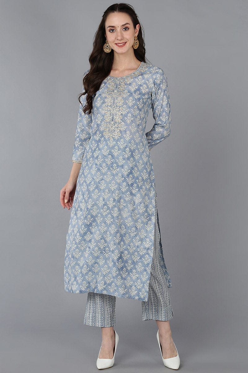 Blue Silk Blend Ethnic Motifs Embroidered Straight Kurta VCK9016