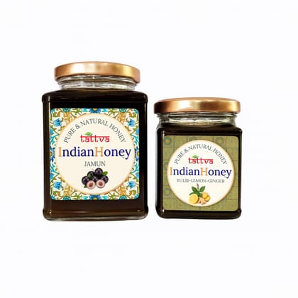 IndianHoney Diabetics-Friendly Jamun Honey & Warming & Anti-Inflammatory Ginger Infused Honey Combo Pack (500gm & 230gm) Jamun & Tulsi Lemon Ginger
