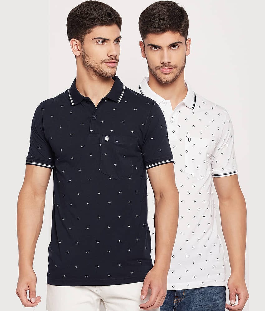 UNIBERRY Pack of 2 Cotton Blend Regular Fit Printed Half Sleeves Men's Polo T Shirt ( Navy )