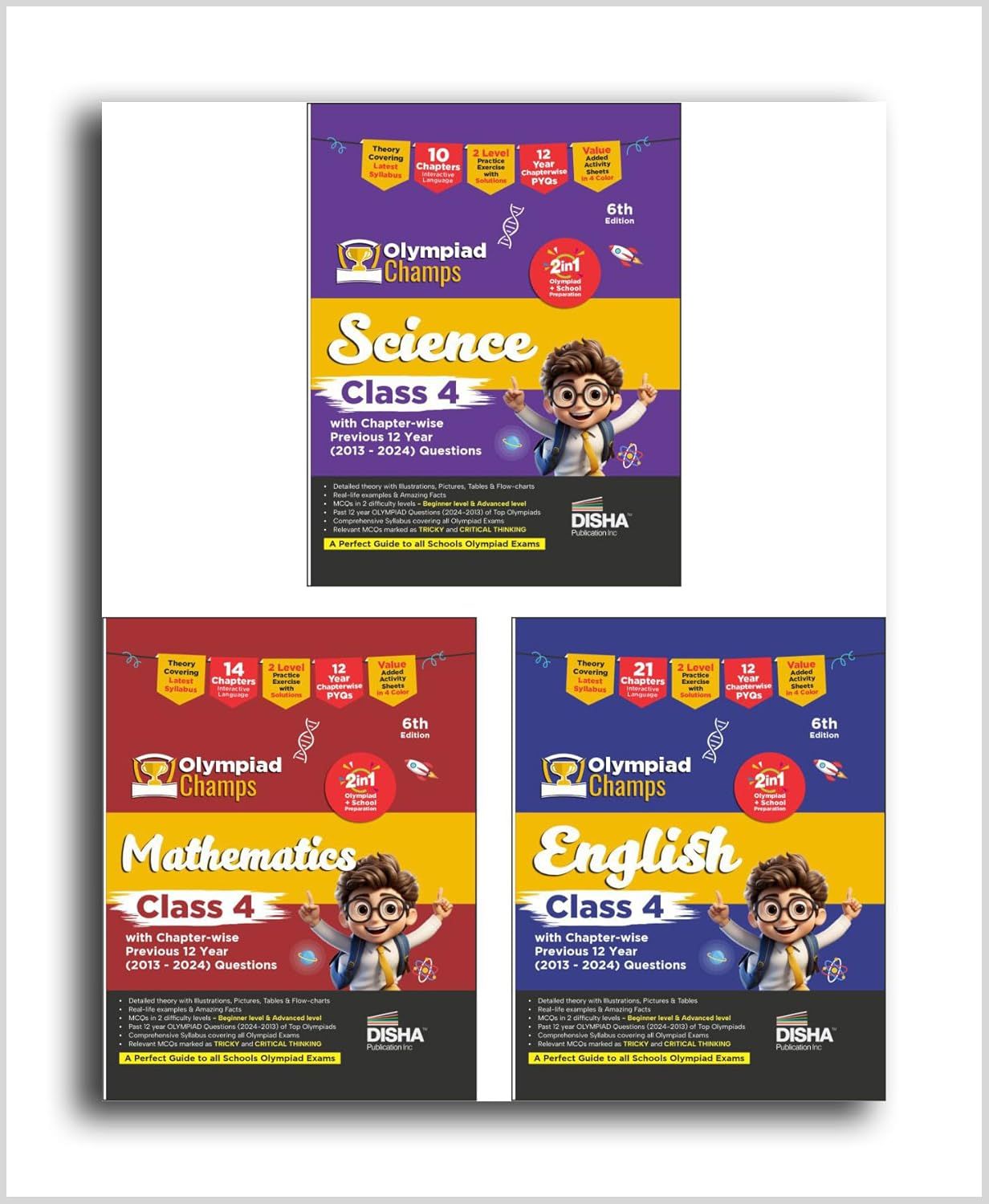 Combo Class 4 (set of 3 books) Olympiad Champs Science, Mathematics & English with Past Questions 6th Edition