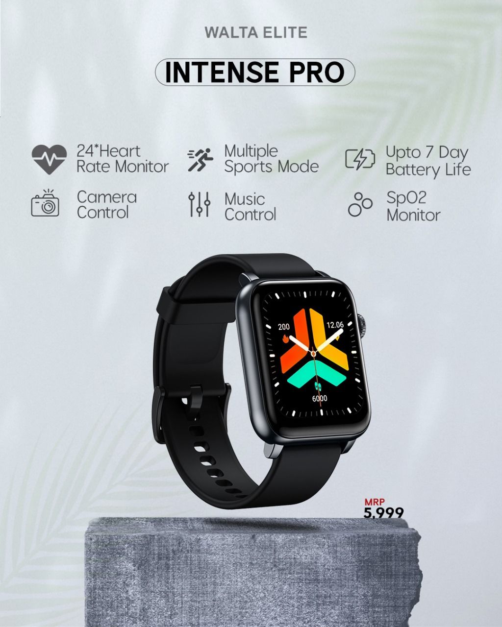 Walta Elite Intense Pro Smartwatch with 1.85" Full Touch Display, Bluetooth Calling, 600 Nits, Digital Crown, Metal Frame, SpO2, Voice Assist & 5 Days Battery Life (Black)