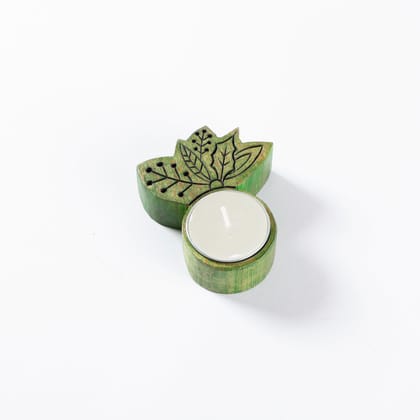Wood Stained Hand Carved Holly T-Light Holder - 3x2.5"-3 inches x 2.5 inches x 1 inch / Green / Steam Beech