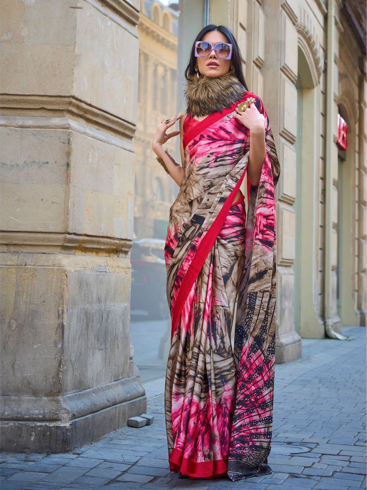 Multicolor Pure Satin Crepe Digital Printed Bollywood Saree