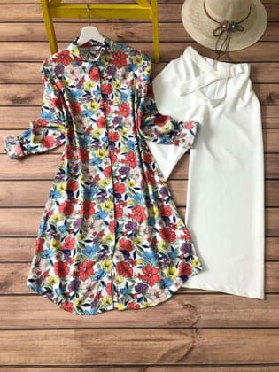 Modern Flower Printed Kurti with White Palazzo Designed by GlamaStitch-M