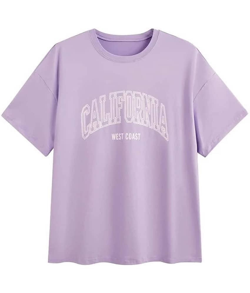 Kashian Women Cotton Blend Printed Oversized Fit Round Neck T-Shirt ( Purple )