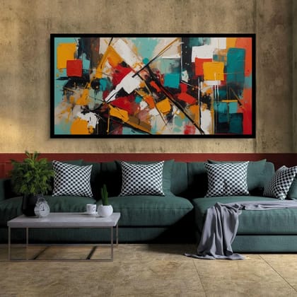 Luminary Geometric Pulse – Vivid City Blocks Museum-Quality Cotton Canvas Art for Living Room Décor | Frame Size (127 X 69 Cm) | Frame Type (Black) | 5-Year Warranty