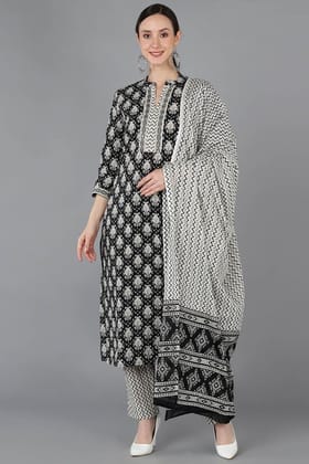 Black Cotton Blend Ethnic Motifs Straight Suit Set VKSKD1673