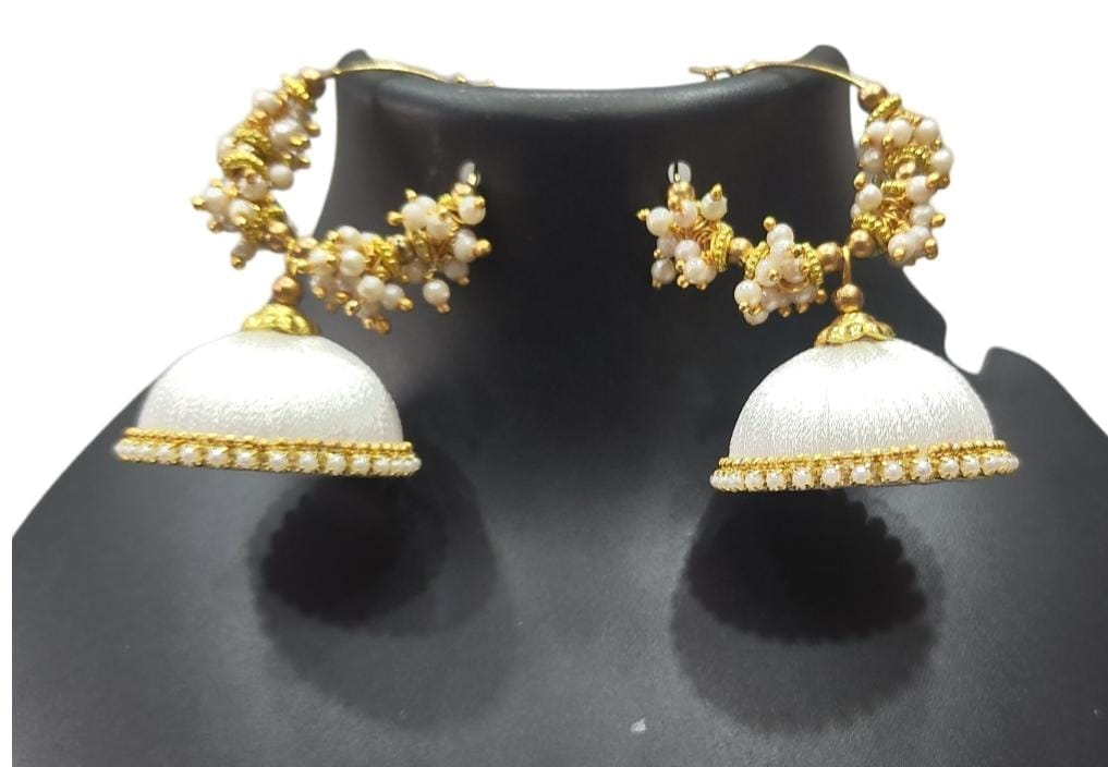White Jhumka Earrings with Pearl and Gold Accents