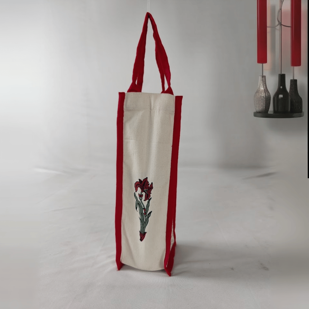 Handcrafted Block Printed Bottle Bag Eco Friendly Reusable Wine Tote Perfect for Gifting and Storage-Pink-Onesize