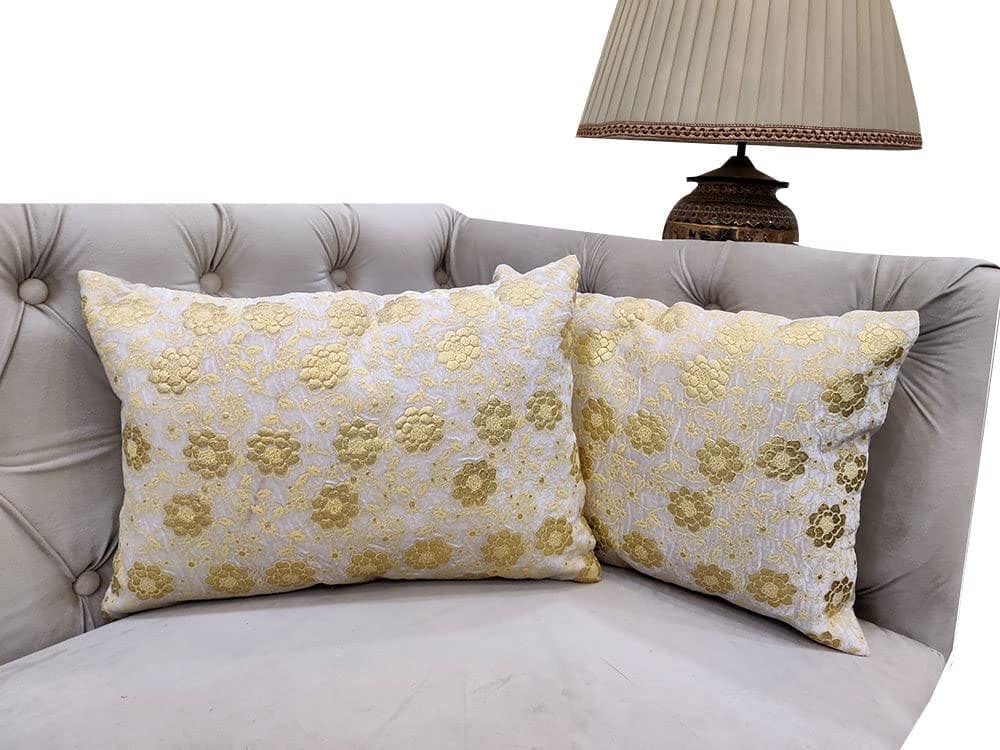 Yellow Cream Set of 2 Embroidered Rectangle Cushion Covers for Sofa Home Bedroom (12x18 inch)