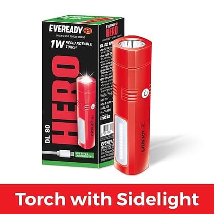 Eveready DL80 Flashlight | Micro USB Fast Charging in 3 Hours | 4 Lighting Modes | Sidelight | Charging Indicator | Ideal for Hiking, Camping, Power Outages, Vehicle Breakdowns_assorted colour