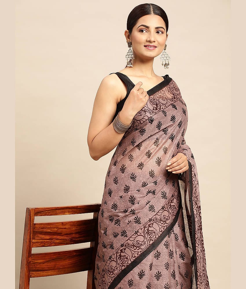 SHANVIKA Cotton Printed Saree Without Blouse Piece ( Brown )