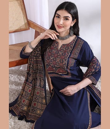 Vbuyz Women Cotton Solid Straight Kurti With Pants ( Blue )