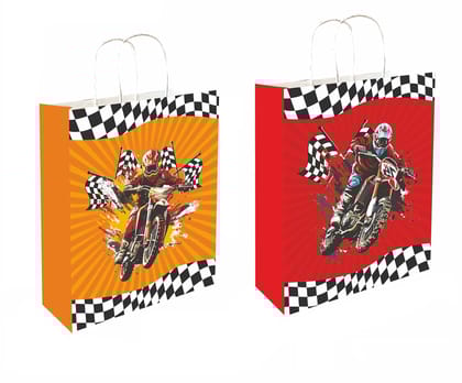 90 GSM Bike Printed Paper Gift Bags, Ideal for Birthday Gifts, Return Gifts, Kids Gifting, & Gifting on Special Occasions (Size: 9.4 x 7.9 x 3 inch) -  12