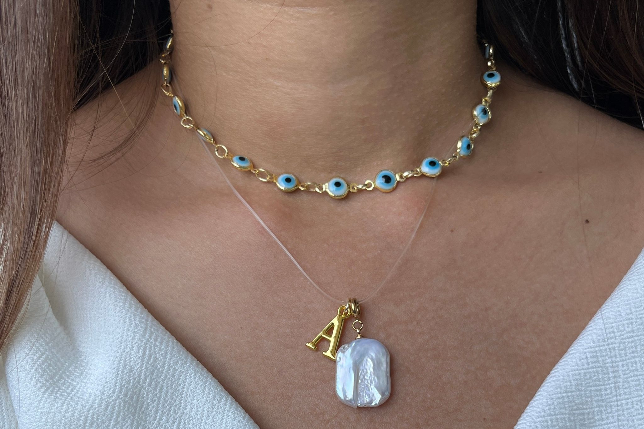 Set of 2 - Pearl Necklace with Initial + Dainty Evil Eye Choker-A