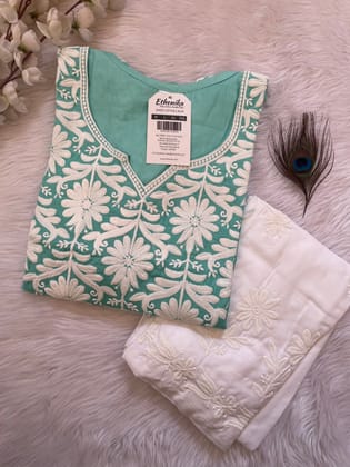 Ethenika Premium Cotton Chikankari Kurti Palazzo Set (Stitched)-Cyan