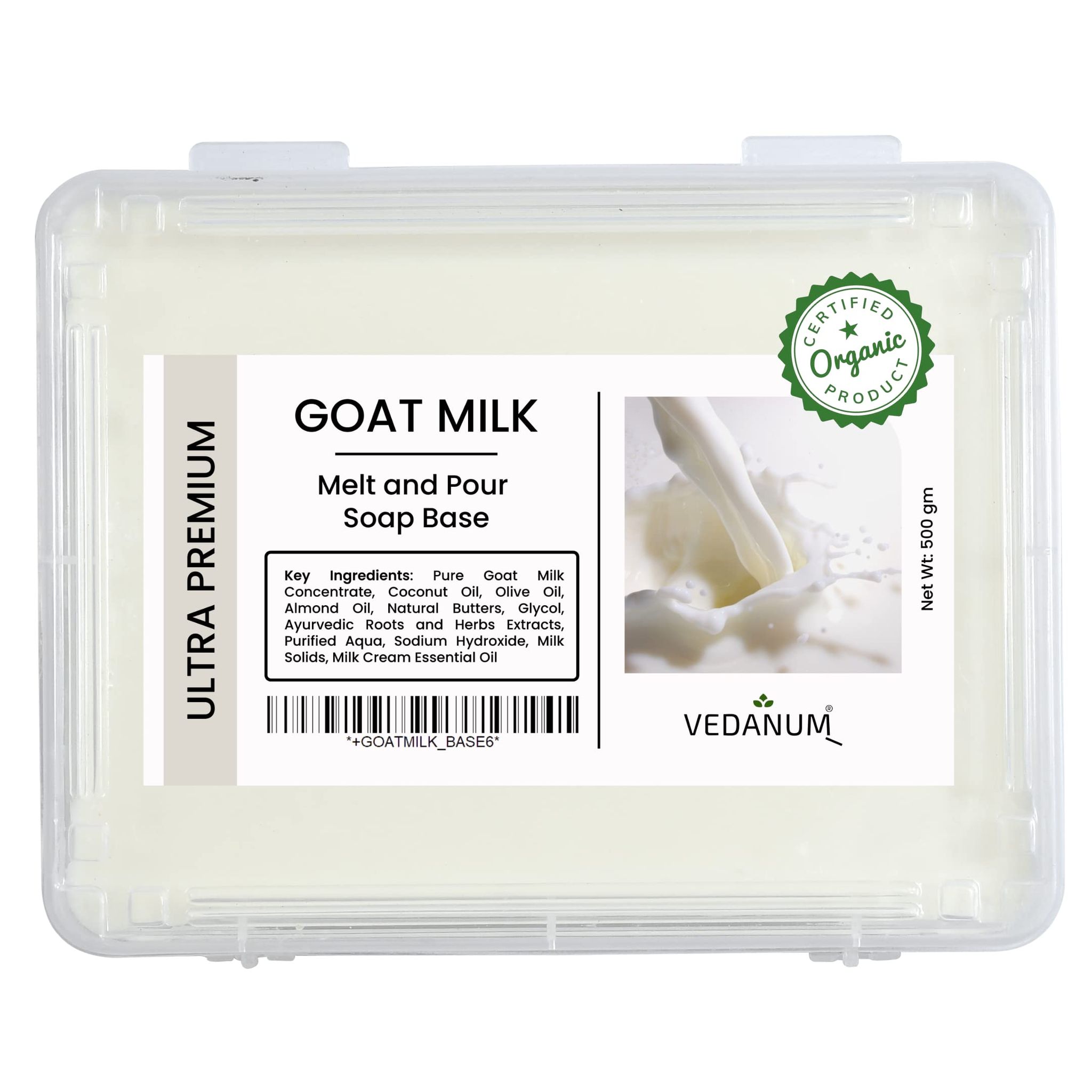 Vedanum Melt and Pour Soap Base Goat Milk Ultra Premium 500 g Pack of 1 SLES SLS Paraben Free Organic Vegan Ingredients Pure & Lab Tested Vedanum Melt and Pour Soap Base Goat Milk Ultra Premium 500 g Pack of 1 SLES SLS Paraben Free Organic Vegan Ingredie