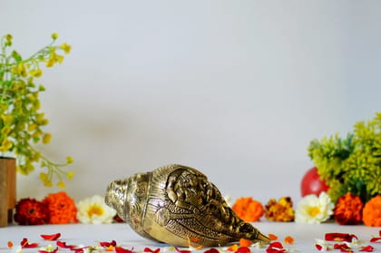 Brass Shankh with Vishnu Carving (Color - Golden, Size - 3.5H*7L*3.5B) by Snova Enterprises