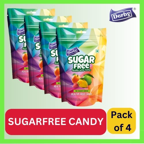 Derby Sugar Free Healthy Fruit & Mint Candy, No Sugar Added, Assorted Flavours (Mint, Mango, Strawberry, Kacha Kairy, Orange) Pack of 4 each pack 80gm