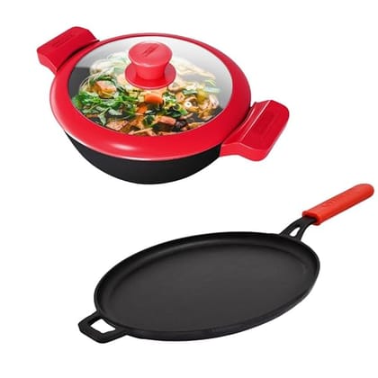GEMMA Cookware Combo of 2,  Cast Iron Kadhai with Glass Lid and Dosa Tawa-Kadai 3 Liter / Red