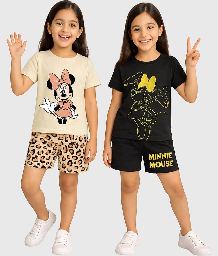 Kuchipoo Girls Cotton Blend T-shirt & Shorts Set ( Multicolor 2 , Pack of 2 )