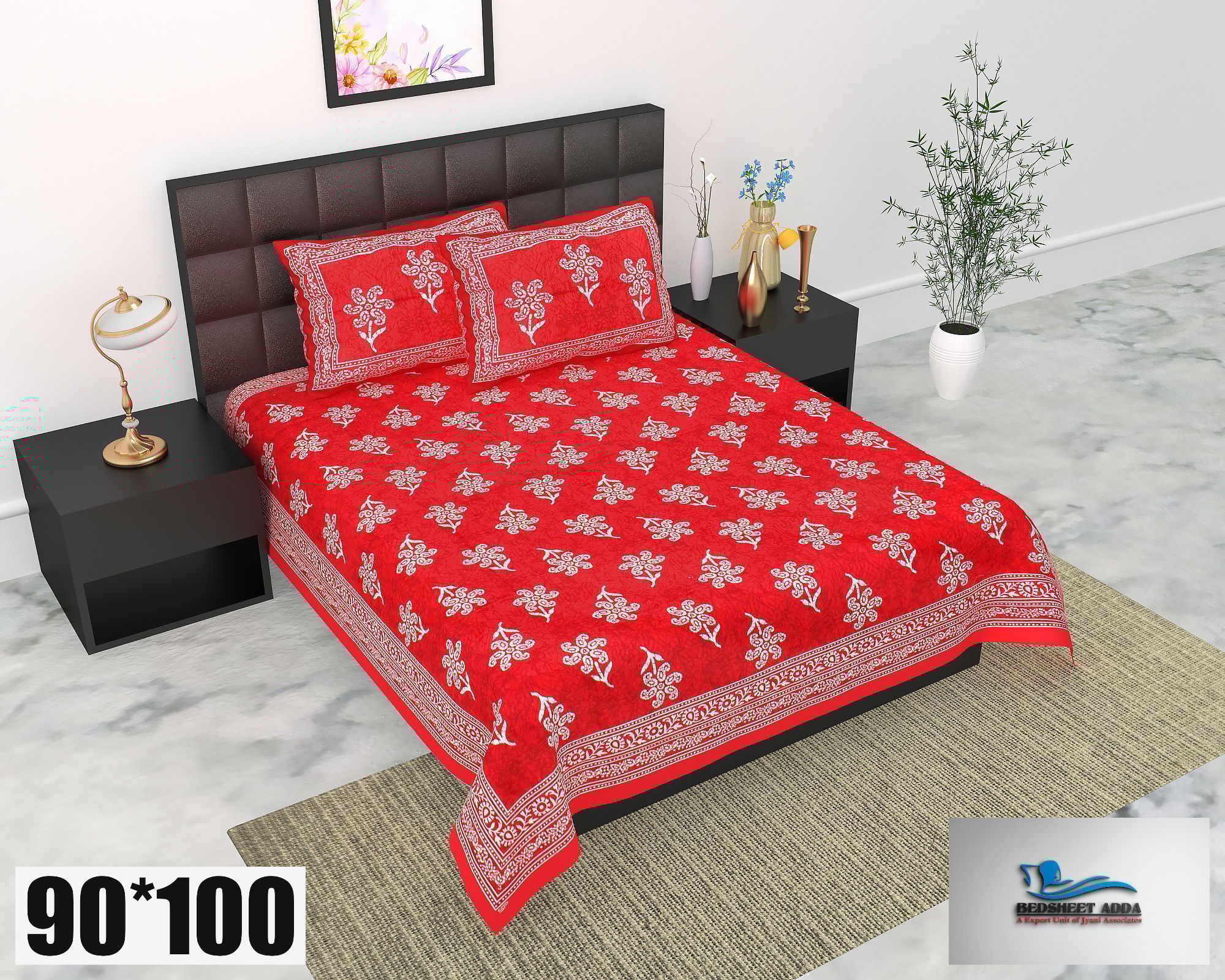 2001-Bedsheet Adda-Pure Cotton Jaipuri Printed Double Bedsheet With 2 Pillow Covers-GUCHHA-RED