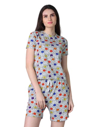 Women's Cotton Blended Printed Round Neck Half Sleeve Top - Shorts Set Size L (Grey)