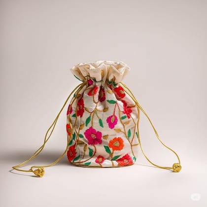 Embroidered Potli Bag for Festivals & Weddings | Ethnic Drawstring Gift Pouch for Women | Floral Design with Golden Cord