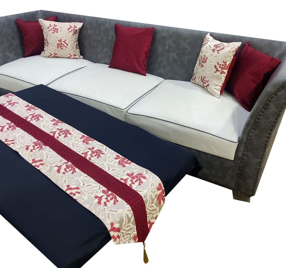 Maroon Damask Self Design Floral Woven Square 5 Cushion Covers and 1 Table Runner Combo Luxury Modern Pillow Cover for Sofa Living Room Bedroom |16X16 Inch Cushion Cover I12 X 59 Inch Table Runner