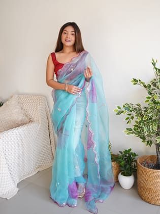 Sky Blue Pure Organza Silk Embellished Bollywood Party Wear Saree